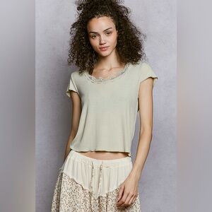 POL Round Neck Short Sleeve Crop T-Shirt with Lace Trim 10010025217